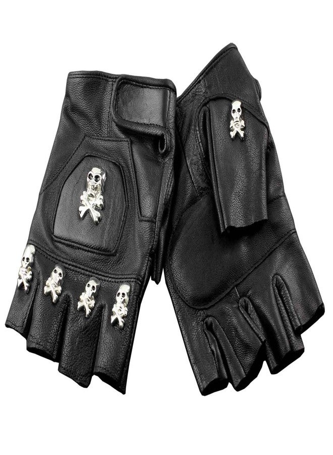 vogueteen Mens Real Leather Skull Punk Rocker Driving Motorcycle Biker Fingerless Gloves - Image 3